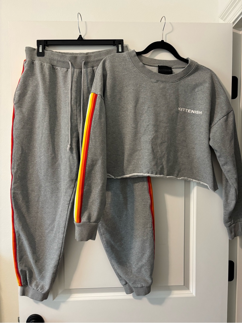 Kittenish Gray Cropped Sweatshirt & Joggers with Red and Yellow Stripes